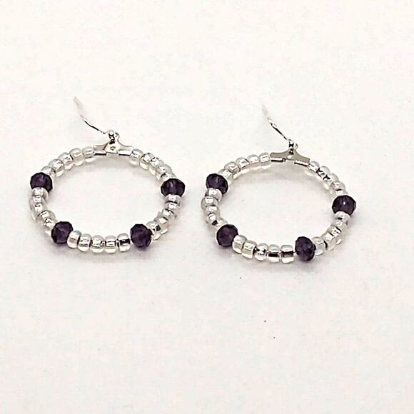 Handmade Hoop Earrings Seed & Crystal Beads Fishhook Ear Wires AB Purple Silver - Picture 1 of 3